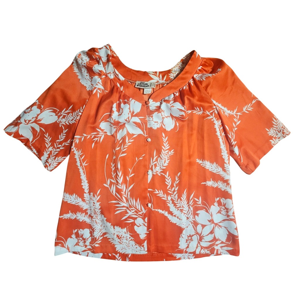 Vintage Hilo Hattie‎ Hibiscus Floral Tropical Satin Blouse Top XL Resortwear